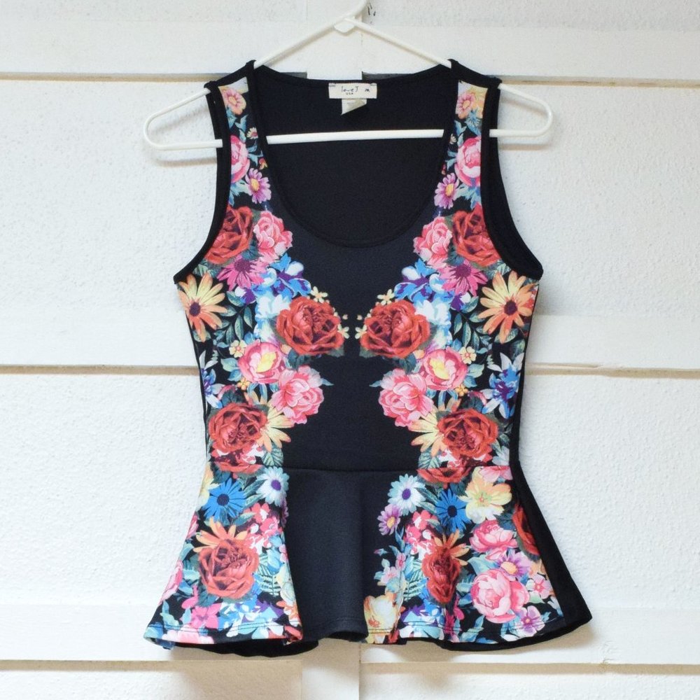 LOVE J USA Floral Garden Printed Neoprene Scuba Sleeveless Peplum Top | Size M